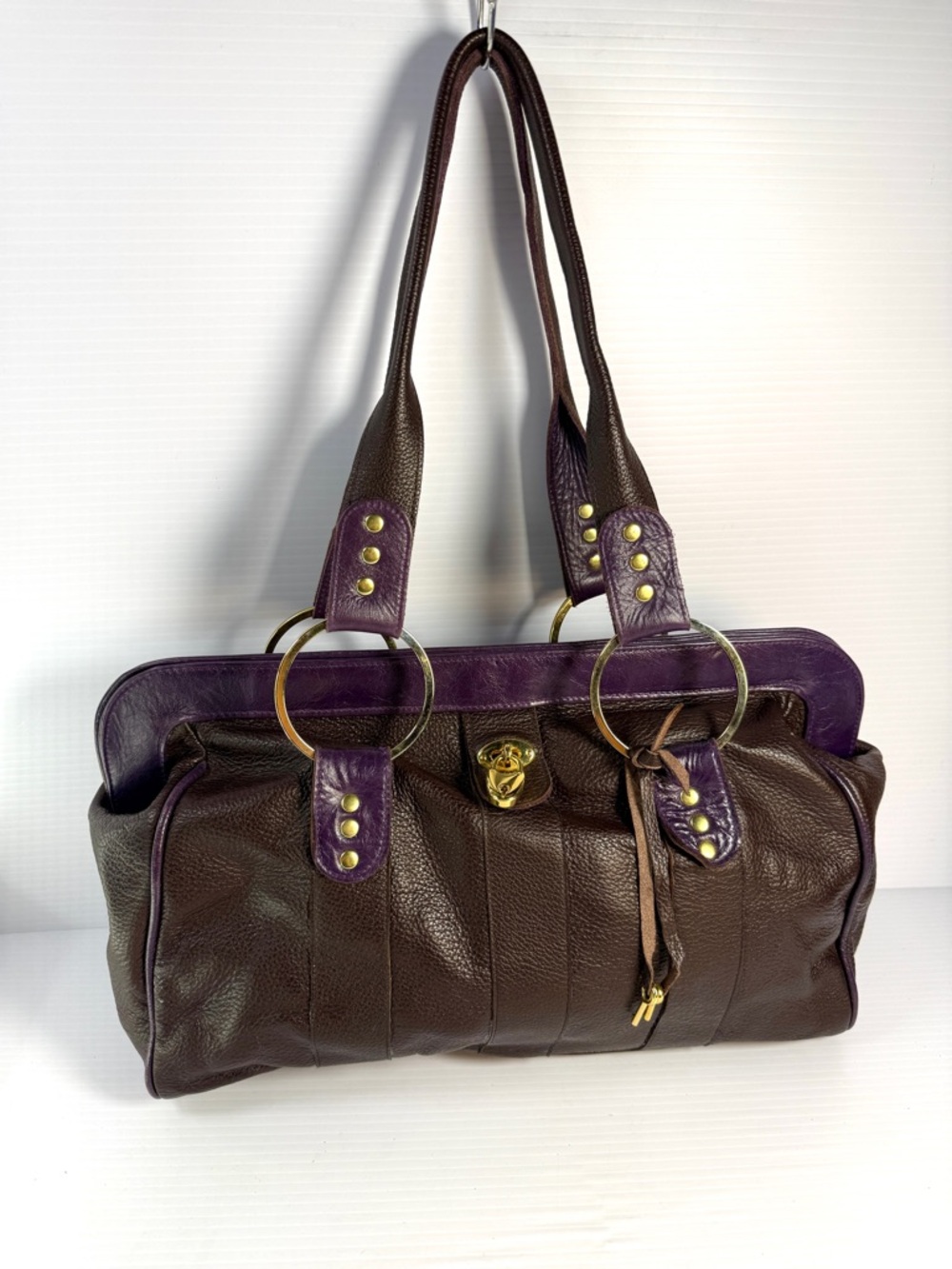 Mitzi Baker Brown Leather Shoulder Bag with Purple Accents